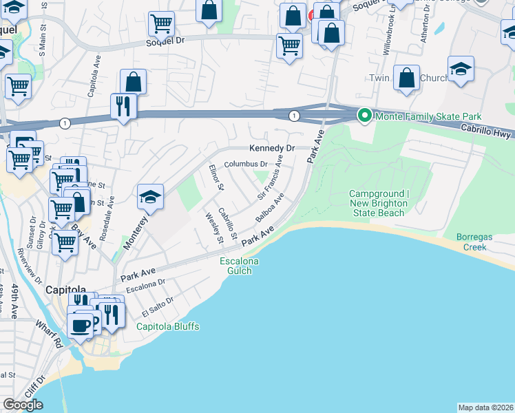 map of restaurants, bars, coffee shops, grocery stores, and more near 837 Sir Francis Avenue in Capitola