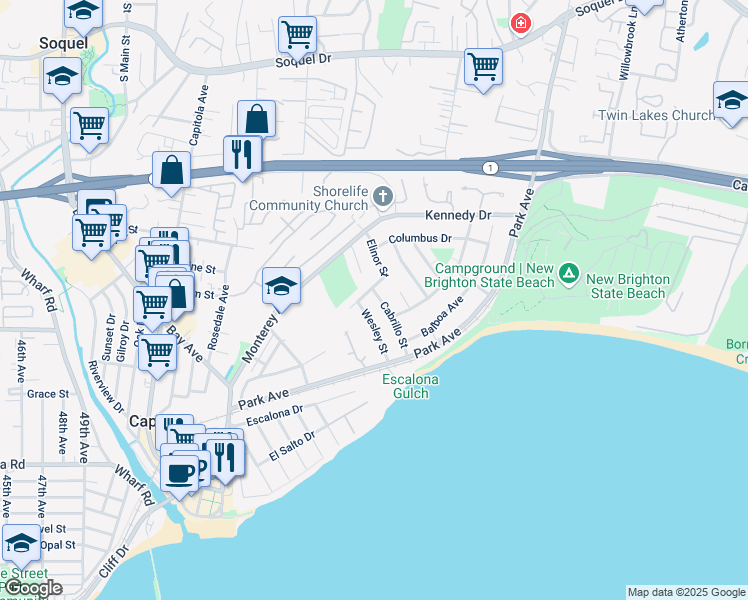 map of restaurants, bars, coffee shops, grocery stores, and more near 153 Cabrillo Street in Capitola