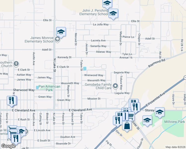 map of restaurants, bars, coffee shops, grocery stores, and more near 1313 Wrenwood Way in Madera