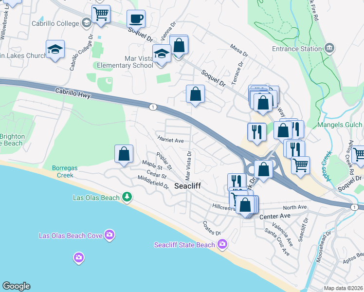 map of restaurants, bars, coffee shops, grocery stores, and more near 231 Mar Vista Drive in Aptos