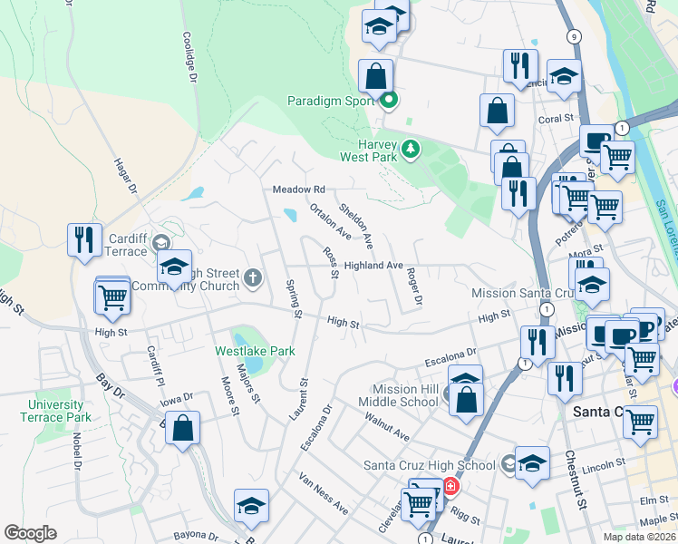 map of restaurants, bars, coffee shops, grocery stores, and more near 731 Highland Avenue in Santa Cruz