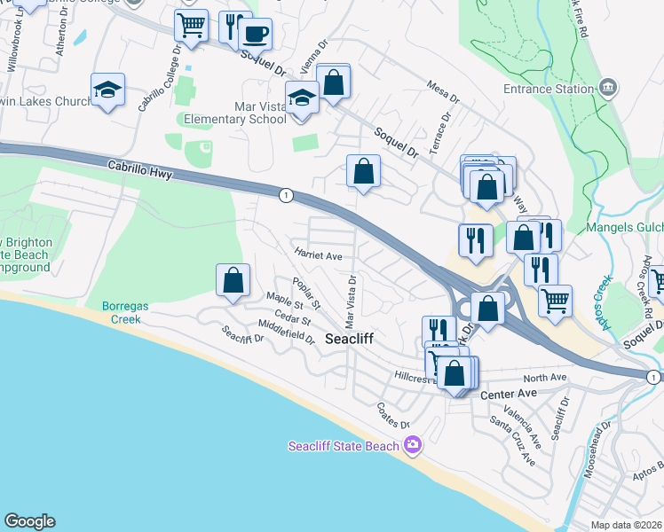 map of restaurants, bars, coffee shops, grocery stores, and more near 433 Spruce Street in Aptos