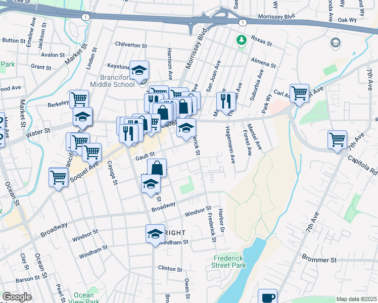 map of restaurants, bars, coffee shops, grocery stores, and more near 609 Frederick Street in Santa Cruz