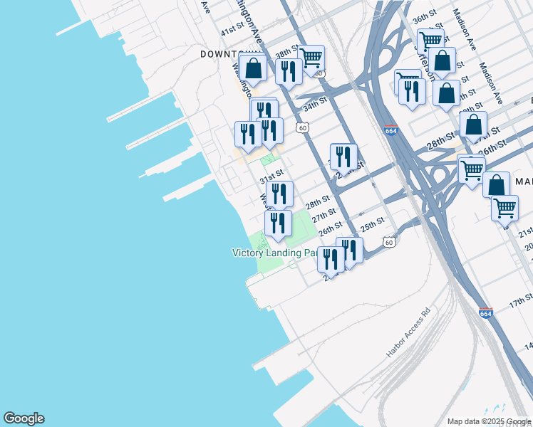 map of restaurants, bars, coffee shops, grocery stores, and more near 2901 West Avenue in Newport News