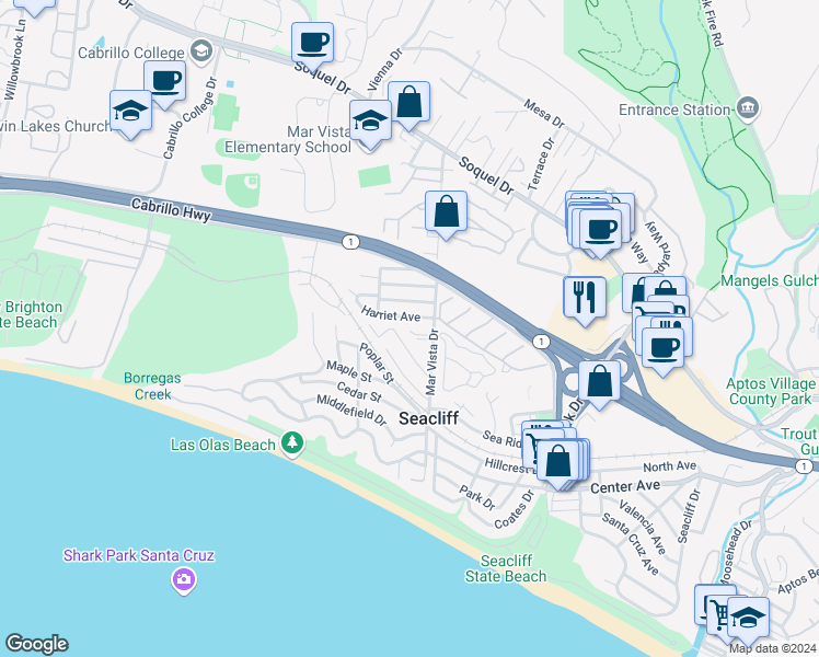 map of restaurants, bars, coffee shops, grocery stores, and more near 229 Mar Vista Drive in Aptos