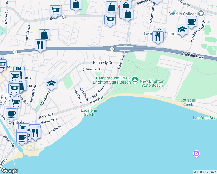 map of restaurants, bars, coffee shops, grocery stores, and more near 870 Park Avenue in Capitola