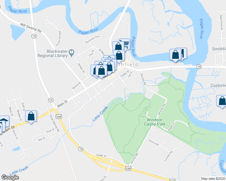 map of restaurants, bars, coffee shops, grocery stores, and more near 217 Astrid Street in Smithfield