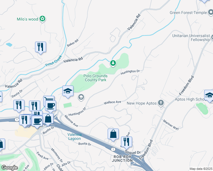 map of restaurants, bars, coffee shops, grocery stores, and more near 2071 Huntington Drive in Aptos