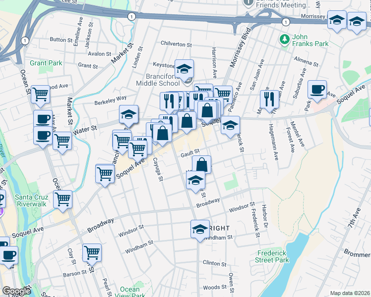 map of restaurants, bars, coffee shops, grocery stores, and more near 117 Gault Street in Santa Cruz