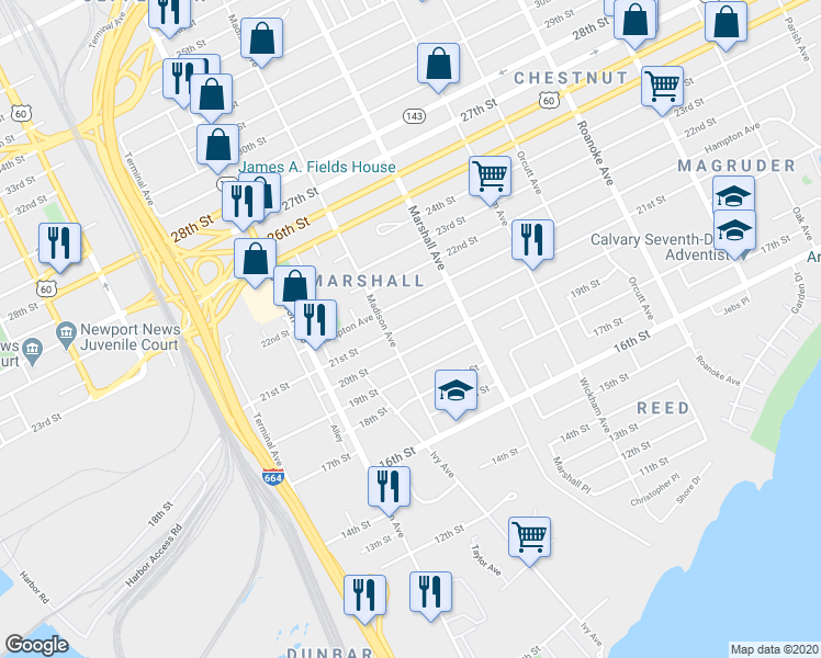 map of restaurants, bars, coffee shops, grocery stores, and more near 718 21st Street in Newport News