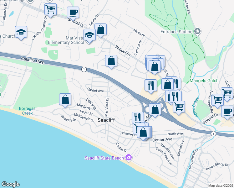 map of restaurants, bars, coffee shops, grocery stores, and more near 279 Perch Way in Aptos