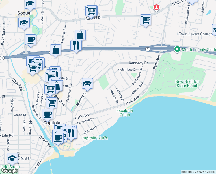 map of restaurants, bars, coffee shops, grocery stores, and more near 718 Orchid Avenue in Capitola