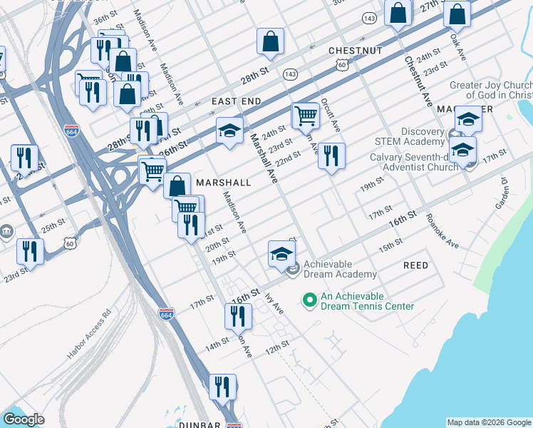 map of restaurants, bars, coffee shops, grocery stores, and more near 741 20th Street in Newport News