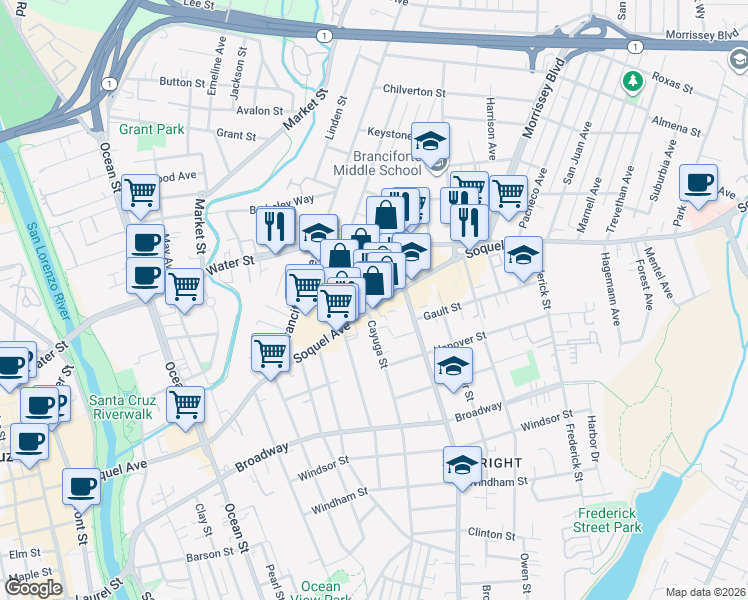 map of restaurants, bars, coffee shops, grocery stores, and more near in Santa Cruz