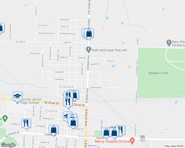map of restaurants, bars, coffee shops, grocery stores, and more near 202 East Tyndall Street in Aurora