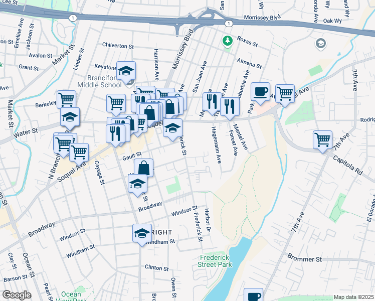 map of restaurants, bars, coffee shops, grocery stores, and more near 608 Frederick Street in Santa Cruz