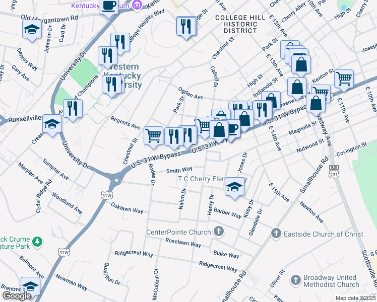 map of restaurants, bars, coffee shops, grocery stores, and more near 1633 U.S. 31 West Bypass in Bowling Green