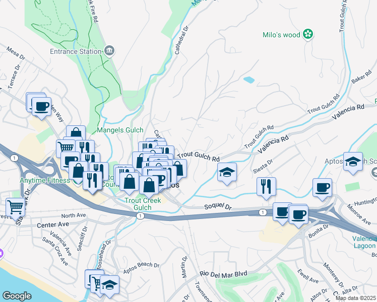 map of restaurants, bars, coffee shops, grocery stores, and more near 551 Trout Gulch Road in Aptos