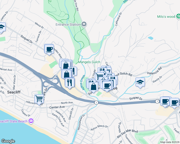 map of restaurants, bars, coffee shops, grocery stores, and more near 310 Village Creek Road in Aptos