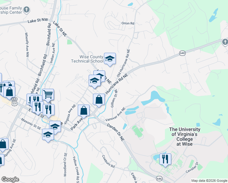 map of restaurants, bars, coffee shops, grocery stores, and more near 714 Gilliam Street Northeast in Wise