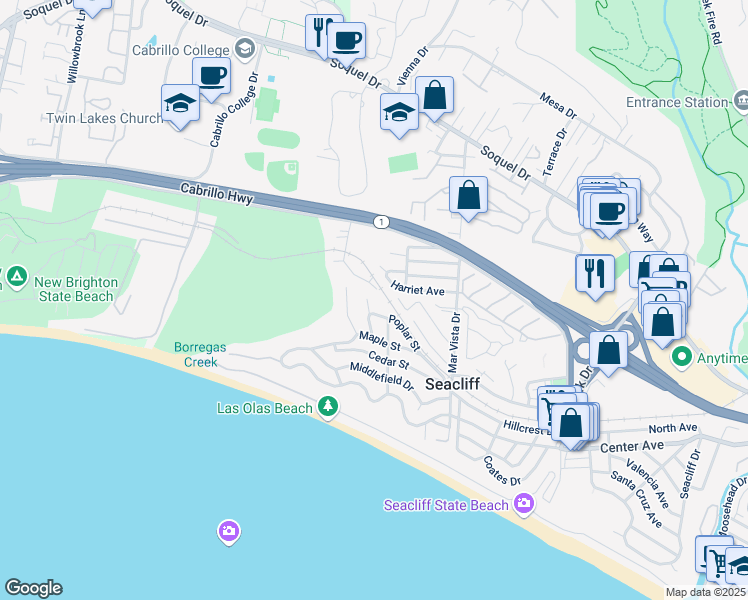 map of restaurants, bars, coffee shops, grocery stores, and more near 218 Poplar Street in Aptos
