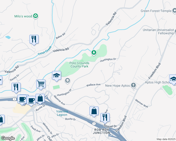 map of restaurants, bars, coffee shops, grocery stores, and more near 2071 Huntington Drive in Aptos