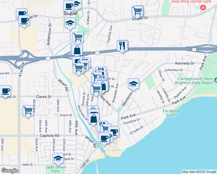 map of restaurants, bars, coffee shops, grocery stores, and more near 501 Plum Street in Capitola