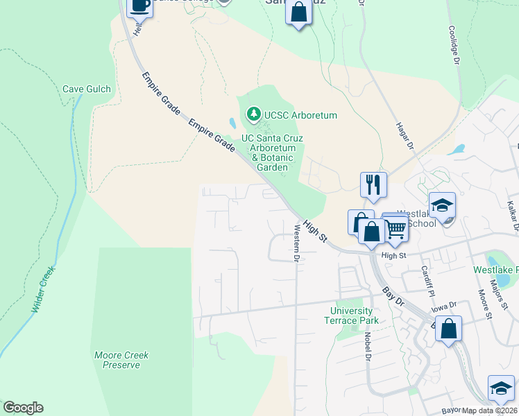 map of restaurants, bars, coffee shops, grocery stores, and more near 129 Tosca Terrace in Santa Cruz