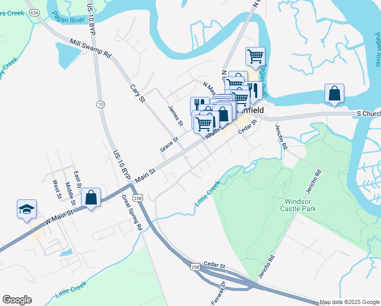 map of restaurants, bars, coffee shops, grocery stores, and more near 204 Drummonds Lane in Smithfield