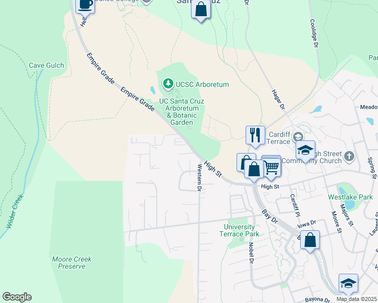 map of restaurants, bars, coffee shops, grocery stores, and more near 1459 High Street in Santa Cruz