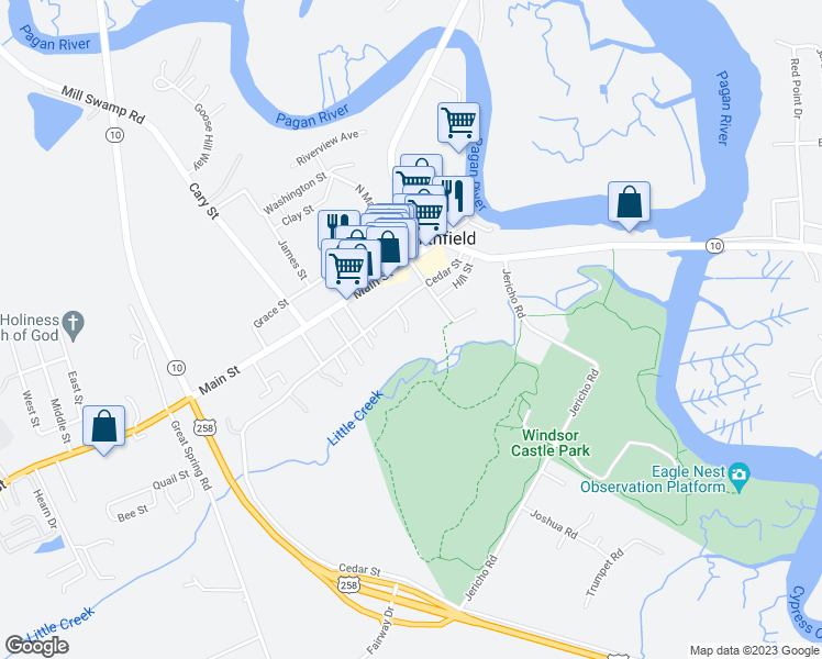 map of restaurants, bars, coffee shops, grocery stores, and more near 217 Astrid Street in Smithfield
