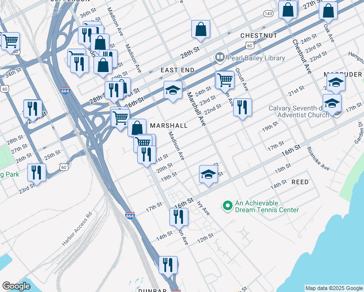 map of restaurants, bars, coffee shops, grocery stores, and more near 709 21st Street in Newport News