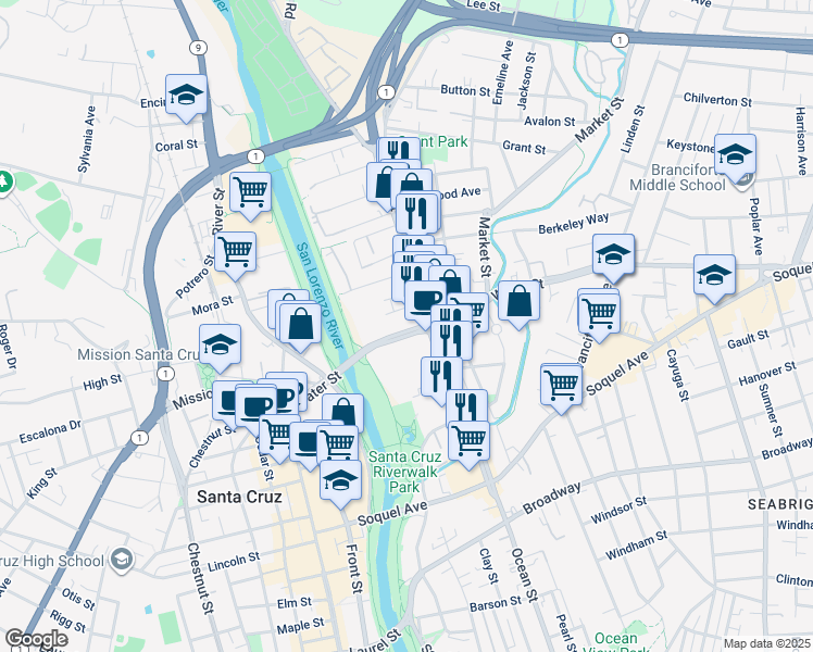 map of restaurants, bars, coffee shops, grocery stores, and more near 303 Water Street in Santa Cruz