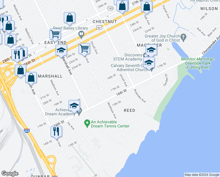 map of restaurants, bars, coffee shops, grocery stores, and more near 921 17th Street in Newport News