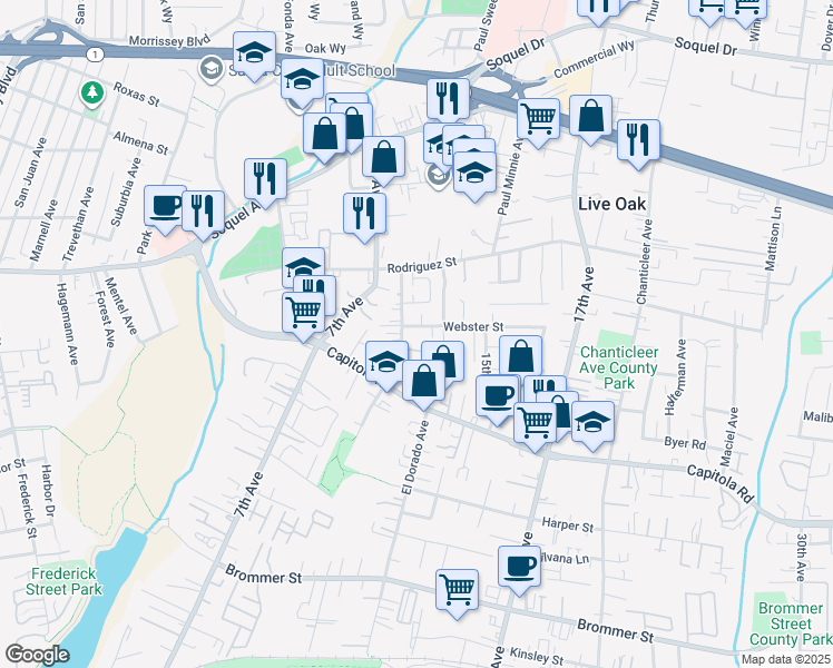 map of restaurants, bars, coffee shops, grocery stores, and more near 1024 Webster Street in Santa Cruz
