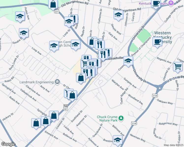 map of restaurants, bars, coffee shops, grocery stores, and more near 1901 Russellville Road in Bowling Green