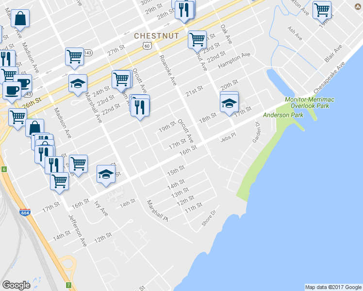map of restaurants, bars, coffee shops, grocery stores, and more near 956 17th Street in Newport News
