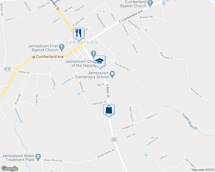 map of restaurants, bars, coffee shops, grocery stores, and more near 559 South Main Street in Jamestown