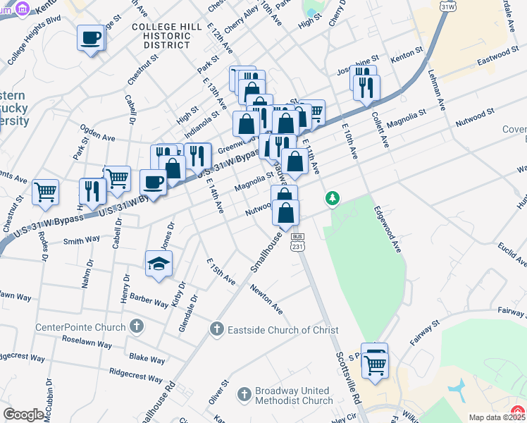 map of restaurants, bars, coffee shops, grocery stores, and more near 1258 Nutwood Street in Bowling Green