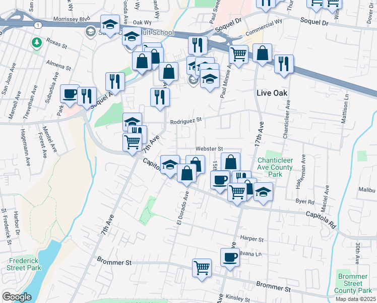 map of restaurants, bars, coffee shops, grocery stores, and more near 1044 Webster Street in Santa Cruz