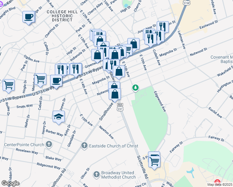 map of restaurants, bars, coffee shops, grocery stores, and more near 1213 Broadway Avenue in Bowling Green