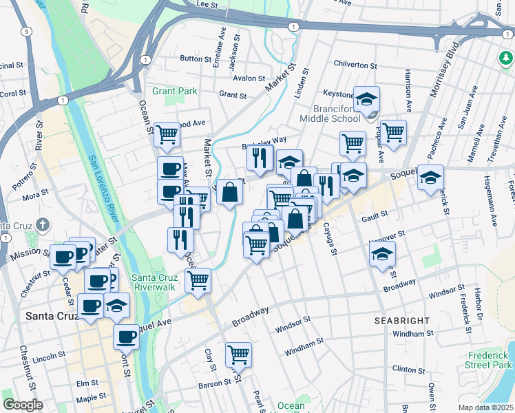 map of restaurants, bars, coffee shops, grocery stores, and more near 152 Sunnyside Avenue in Santa Cruz