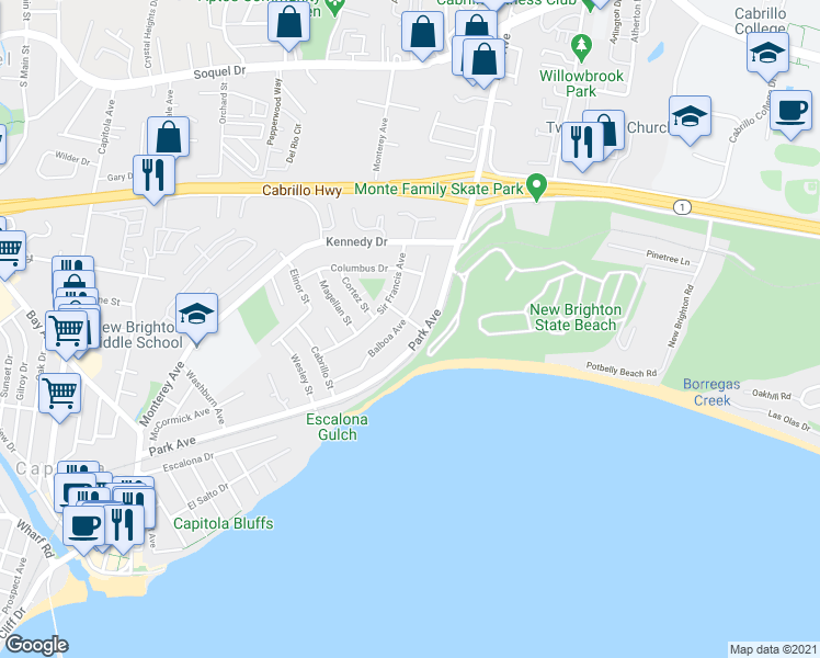 map of restaurants, bars, coffee shops, grocery stores, and more near 102 Coronado Street in Capitola