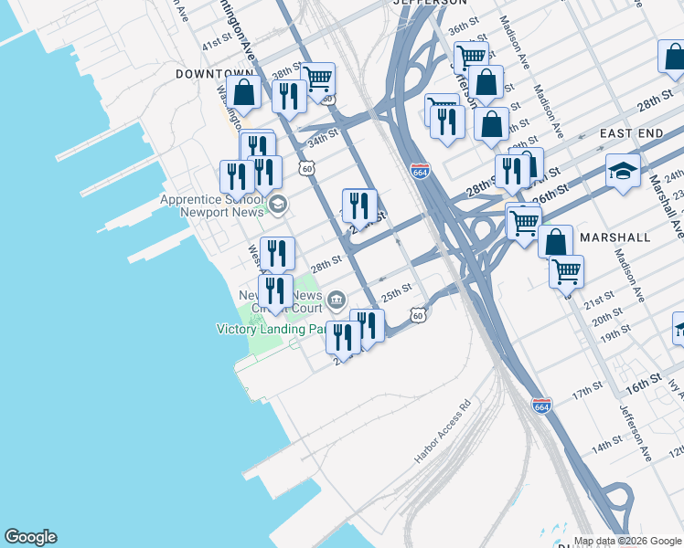 map of restaurants, bars, coffee shops, grocery stores, and more near 227 27th Street in Newport News