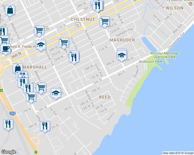 map of restaurants, bars, coffee shops, grocery stores, and more near 960 17th Street in Newport News