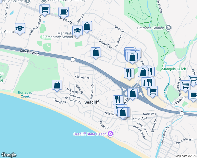 map of restaurants, bars, coffee shops, grocery stores, and more near 279 Perch Way in Aptos