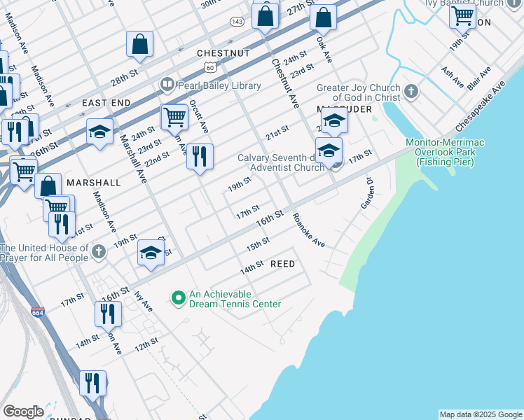 map of restaurants, bars, coffee shops, grocery stores, and more near 960 17th Street in Newport News