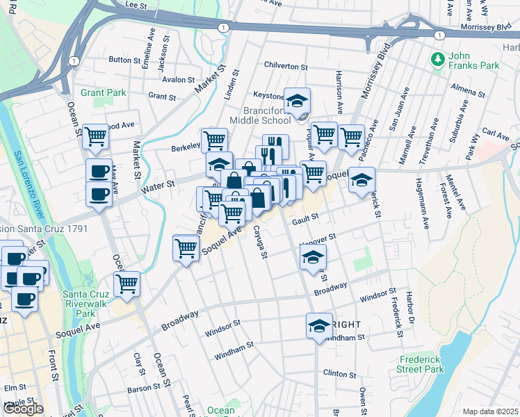 map of restaurants, bars, coffee shops, grocery stores, and more near 1125 Soquel Avenue in Santa Cruz