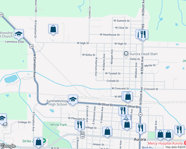 map of restaurants, bars, coffee shops, grocery stores, and more near 408 West Tyndall Street in Aurora
