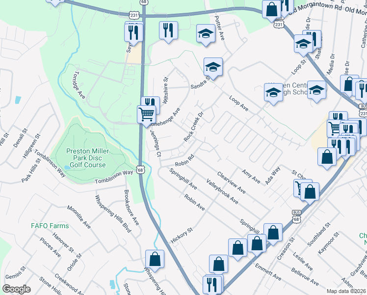 map of restaurants, bars, coffee shops, grocery stores, and more near 2116 Rock Creek Drive in Bowling Green